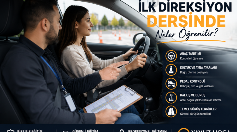 İlk direksiyon dersinde araç kullanan sürücü adayı ve eğitmen - Ankara direksiyon dersi