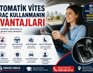 Otomatik vites araç kullanan sürücü ve otomatik direksiyon eğitimi hakkında bilgilendirici görsel