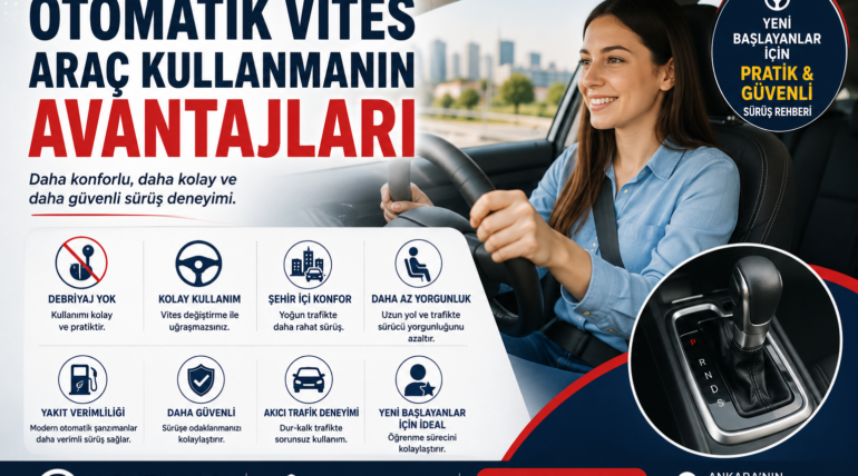 Otomatik vites araç kullanan sürücü ve otomatik direksiyon eğitimi hakkında bilgilendirici görsel